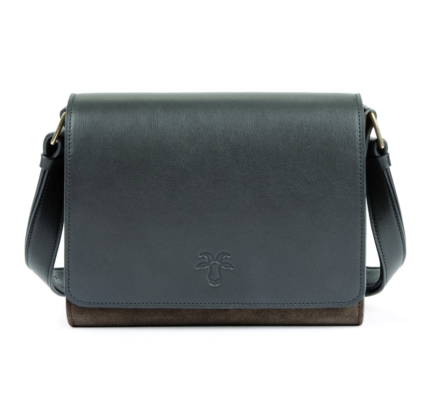 Black leather handbag with brown suede details